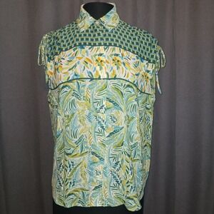 Alex & Lili Green Tropical Cottagecore lightweight Sleeveless Top Blouse Medium